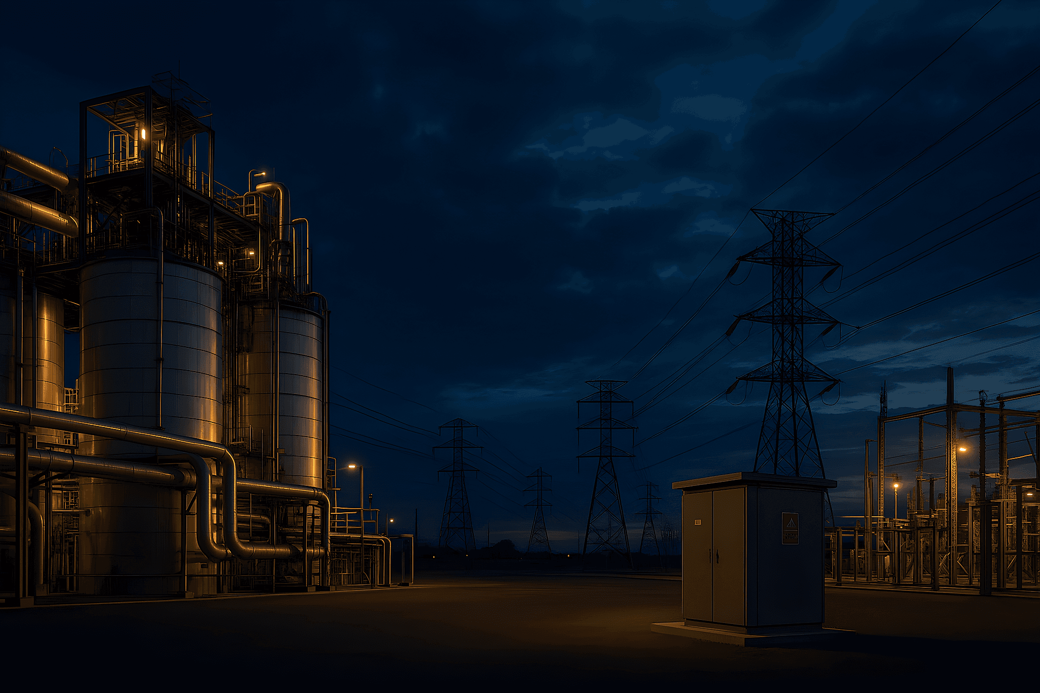 Planta industrial de alto consumo energético en México al atardecer con líneas de transmisión — optimización energética EYCOT